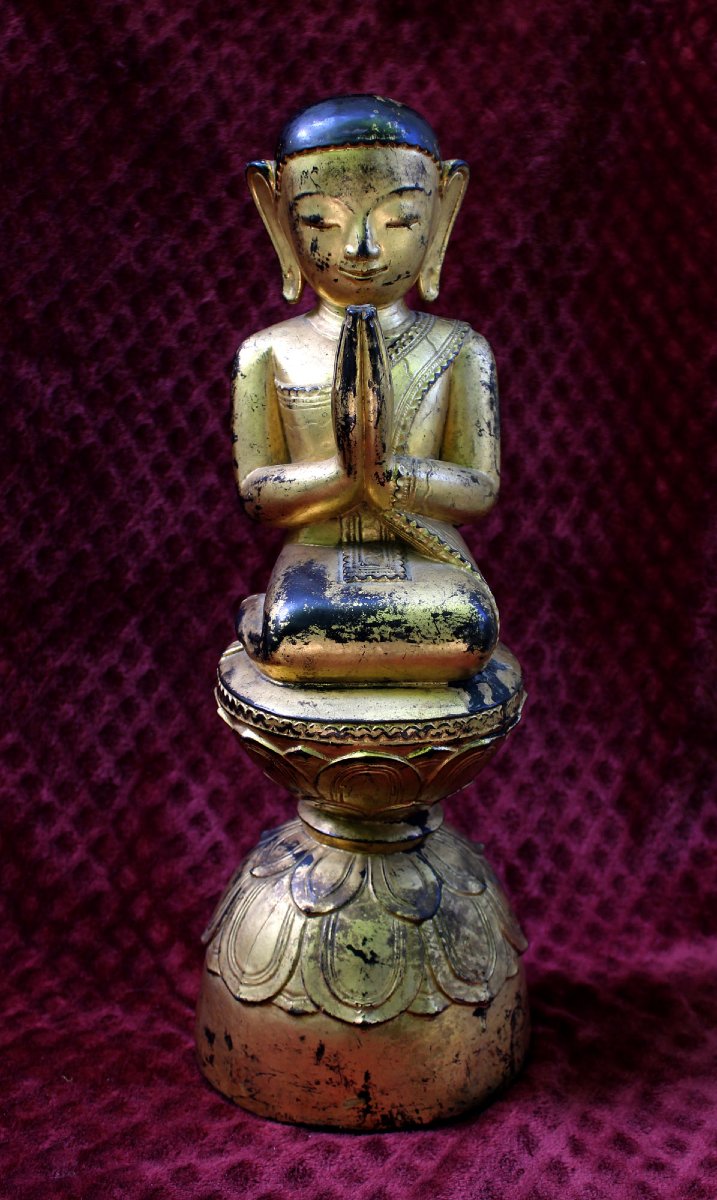 Moggallana, Disciple De Bouddha, En Adoration, En Bois Sculpté, Laqué, Doré. Birmane Shan, XIXe-photo-2