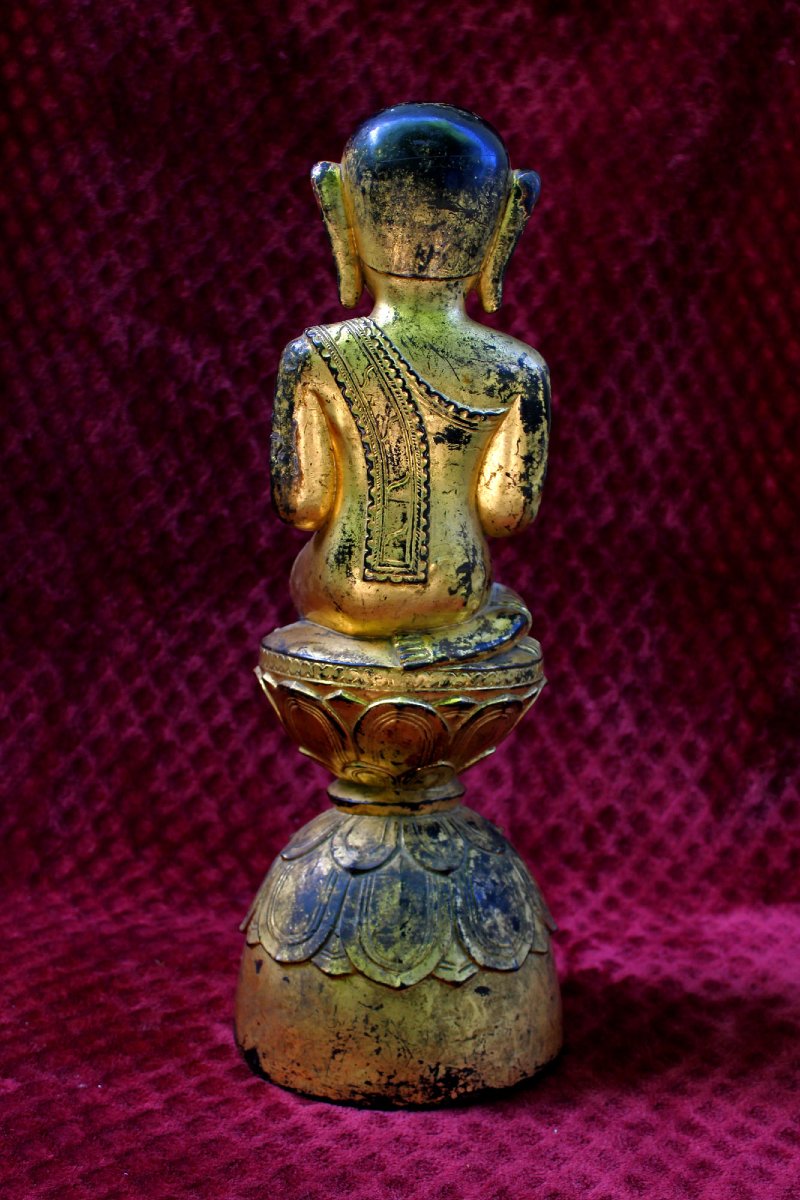 Moggallana, Disciple De Bouddha, En Adoration, En Bois Sculpté, Laqué, Doré. Birmane Shan, XIXe-photo-4