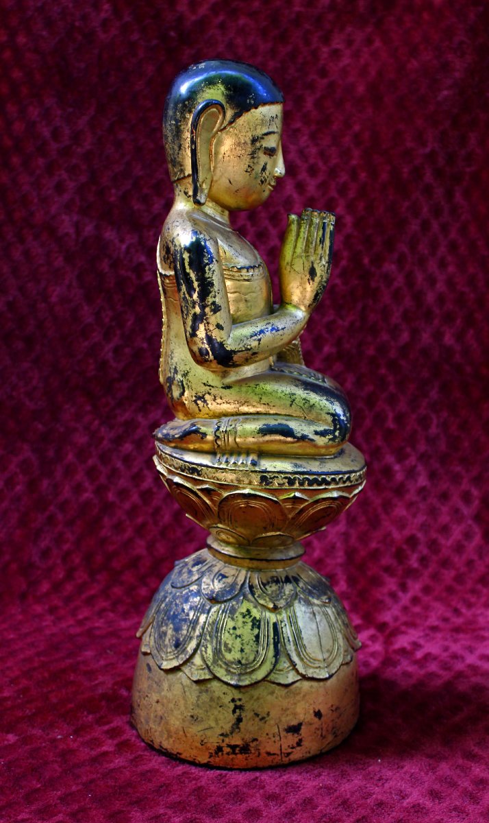 Moggallana, Disciple De Bouddha, En Adoration, En Bois Sculpté, Laqué, Doré. Birmane Shan, XIXe-photo-1
