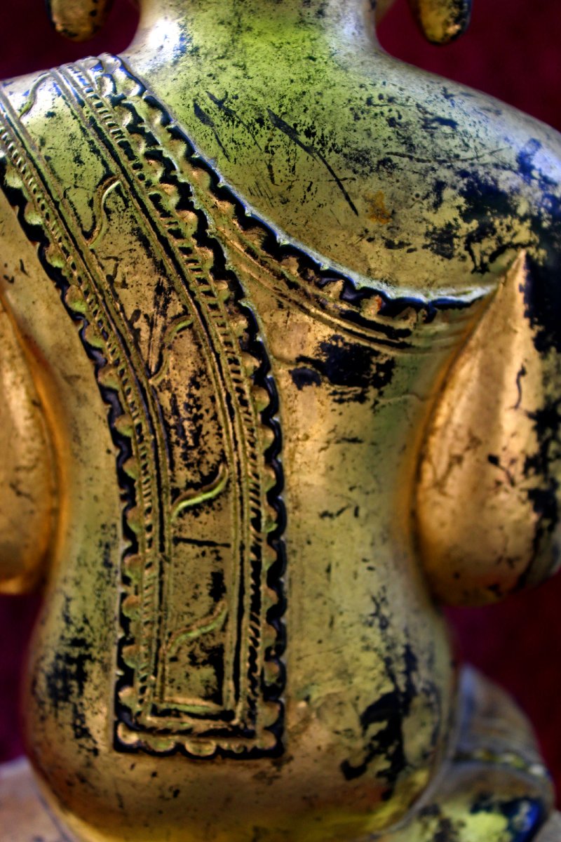 Moggallana, Disciple De Bouddha, En Adoration, En Bois Sculpté, Laqué, Doré. Birmane Shan, XIXe-photo-4