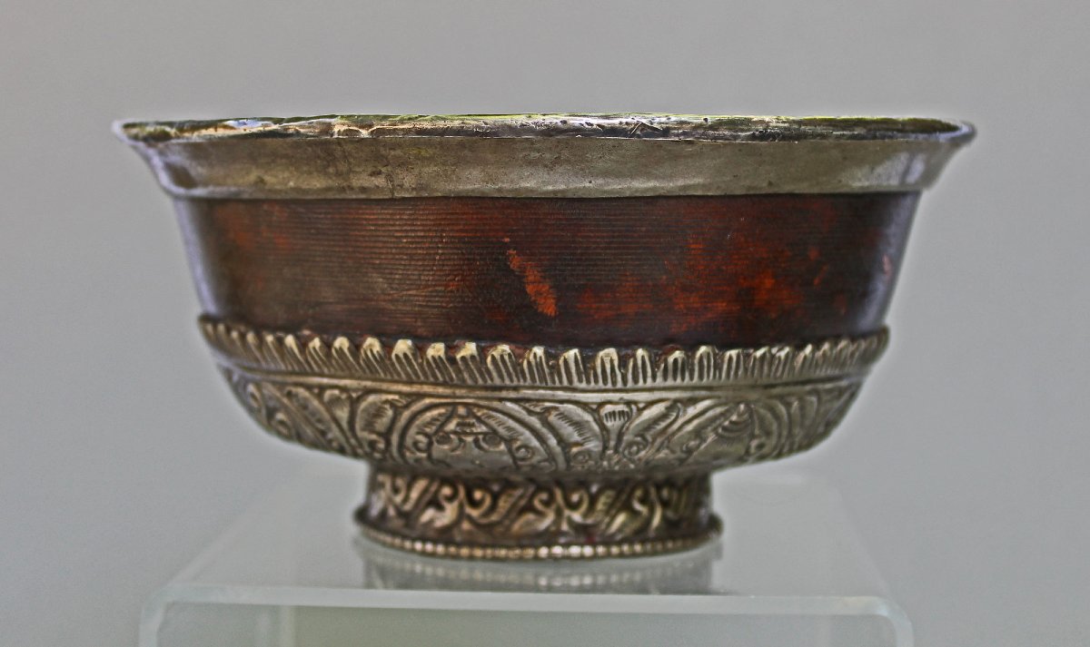 Antique Chinese Mongolian Tibetan Tea Bowl Solid Silver And Rhododendron Wood-photo-2