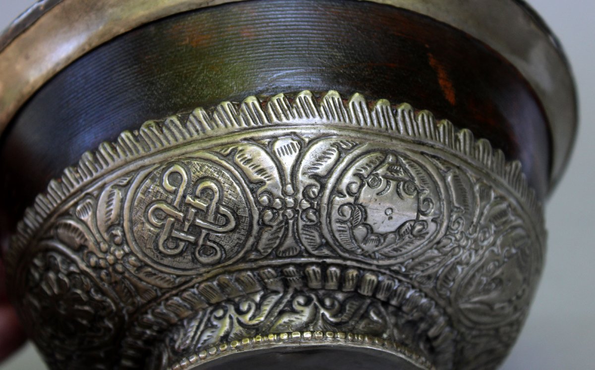 Antique Chinese Mongolian Tibetan Tea Bowl Solid Silver And Rhododendron Wood-photo-1