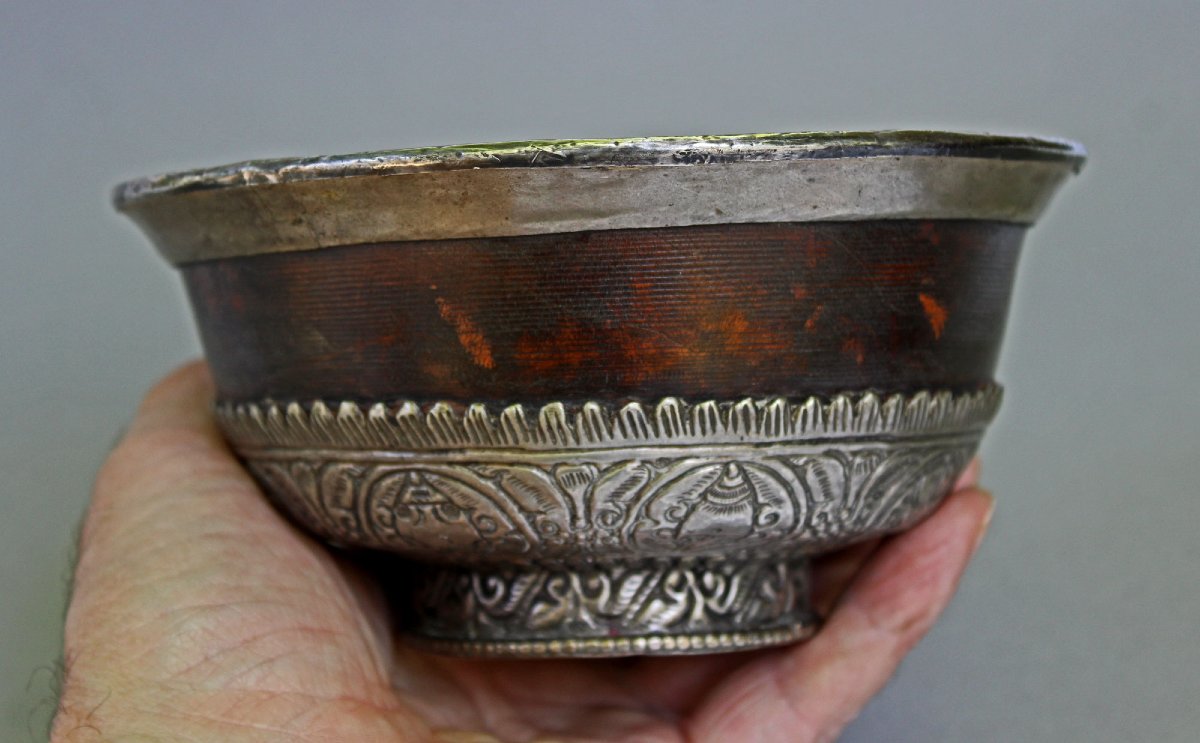 Antique Chinese Mongolian Tibetan Tea Bowl Solid Silver And Rhododendron Wood-photo-3