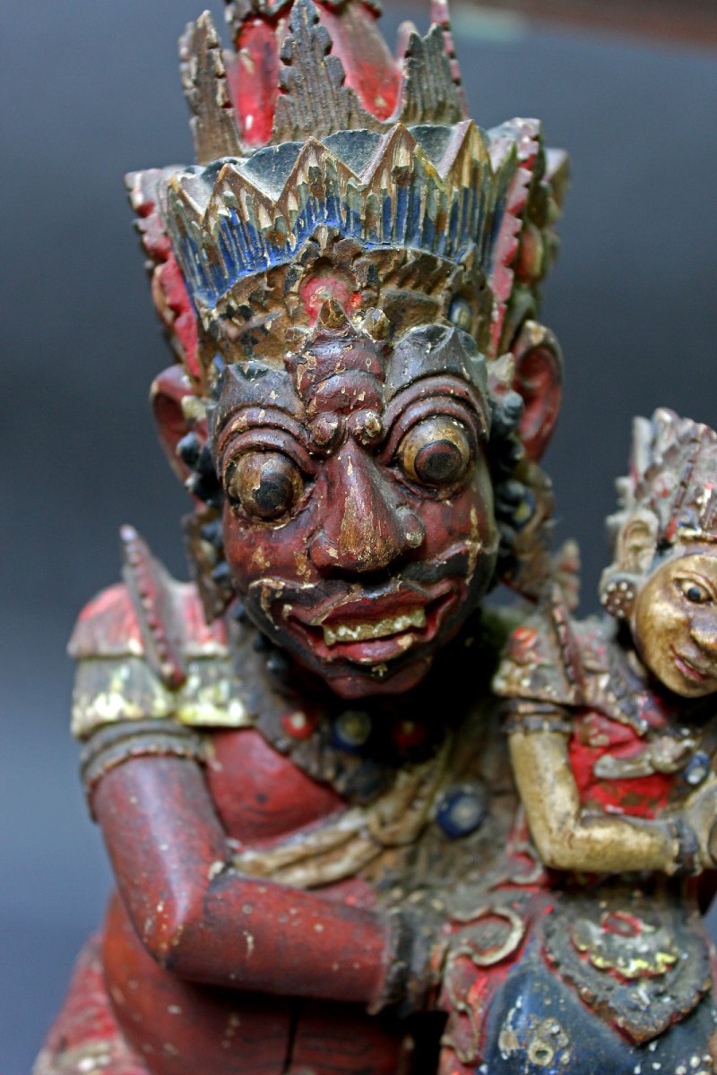 Rare Antique Balinese Wood Carving Ramayana Signed Ravana Kidnaps Sita Bali-photo-3
