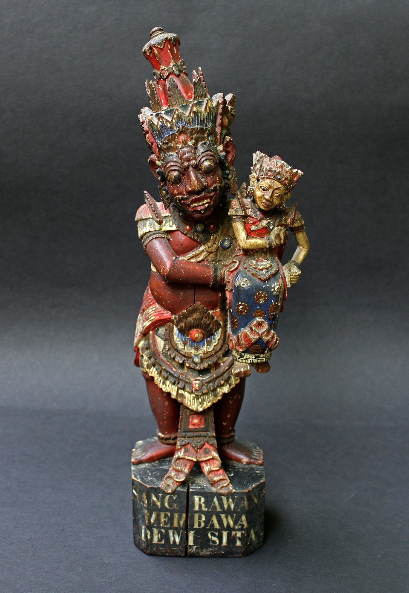 Rare Antique Balinese Wood Carving Ramayana Signed Ravana Kidnaps Sita Bali