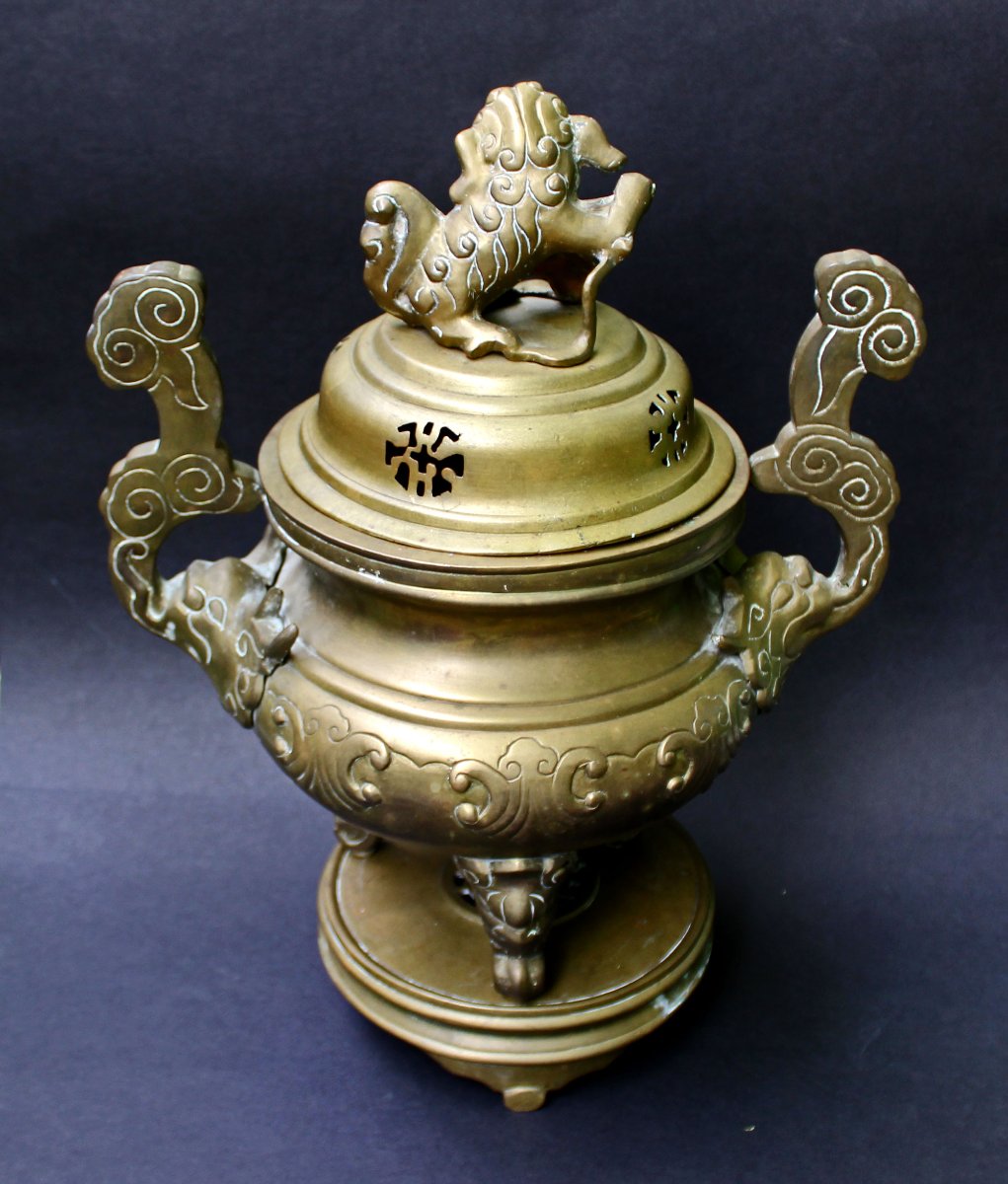 Grand Brûle-parfum Antique En Bronze Vietnamien-photo-3