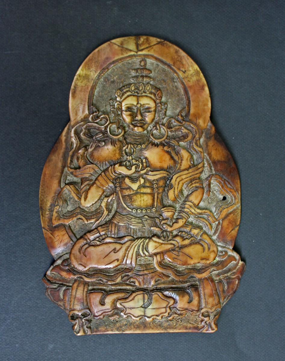 Antique Tibetan Buddhist Bone Carved Plaque Bodhisattva Vajrasattva, 17th Century.