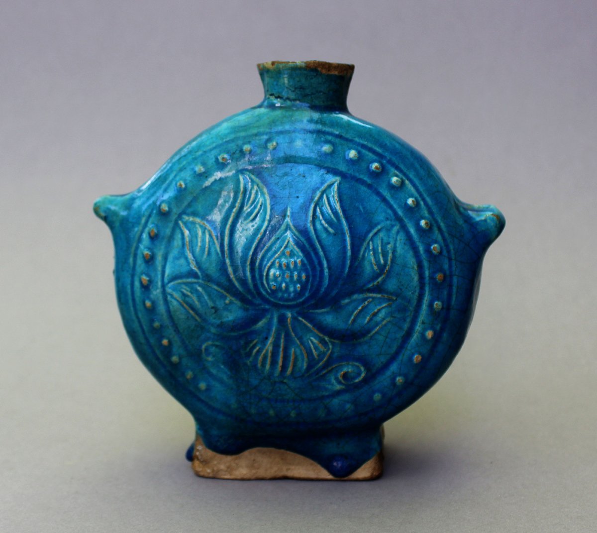 Flacon Lunaire Chinois émaillé Turquoise Et Ocre, Dynastie Ming (1368-1644).-photo-2