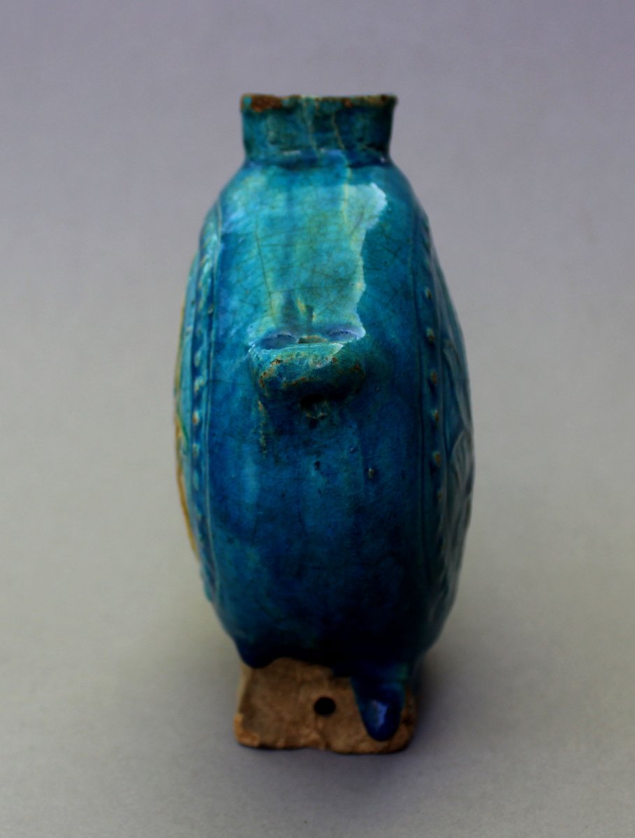 Flacon Lunaire Chinois émaillé Turquoise Et Ocre, Dynastie Ming (1368-1644).-photo-4