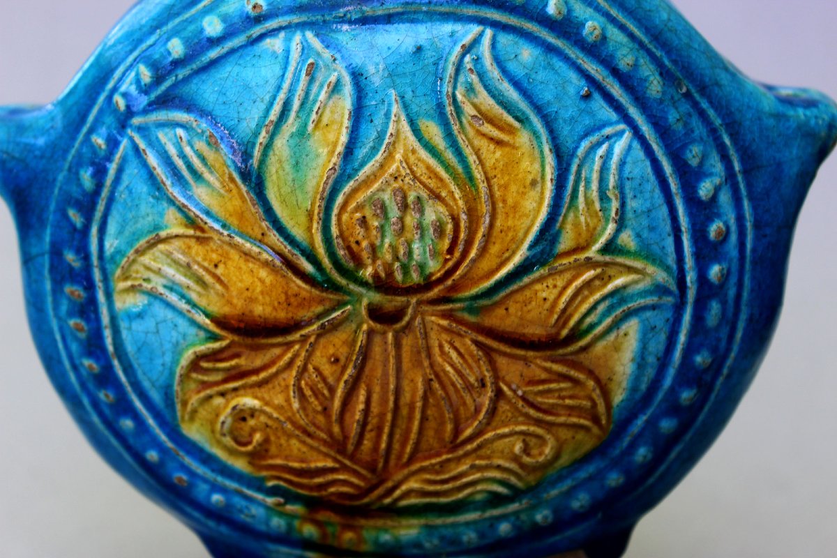 Flacon Lunaire Chinois émaillé Turquoise Et Ocre, Dynastie Ming (1368-1644).-photo-2