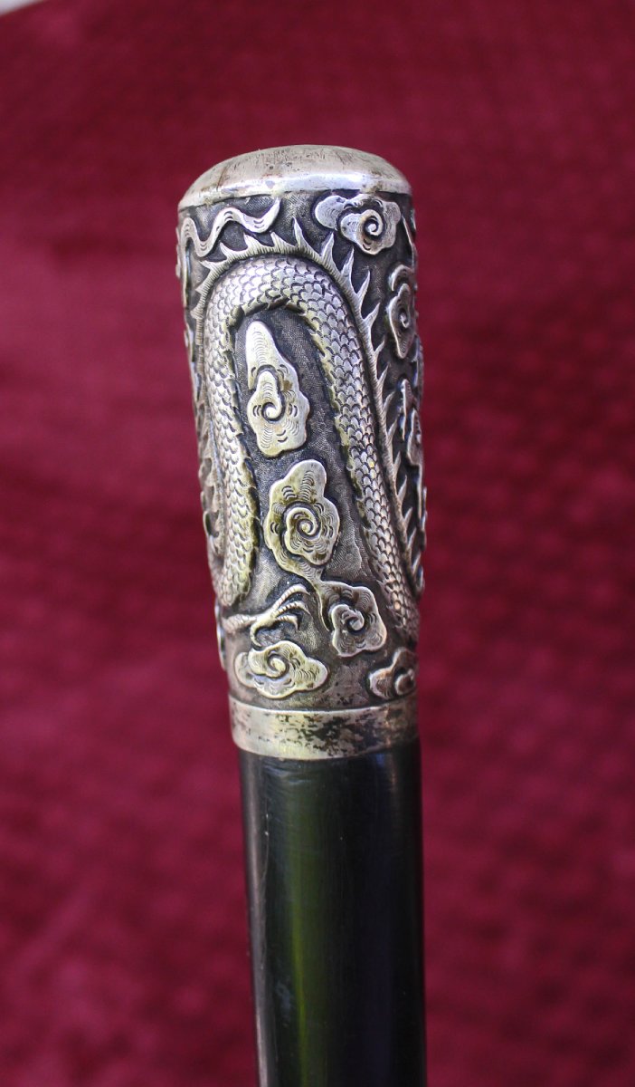 Canne de marche chinoise antique en argent d'exportation du XIXe siècle-photo-1