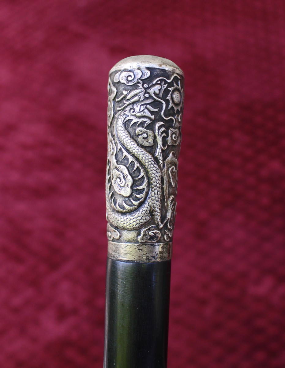 Canne de marche chinoise antique en argent d'exportation du XIXe siècle
