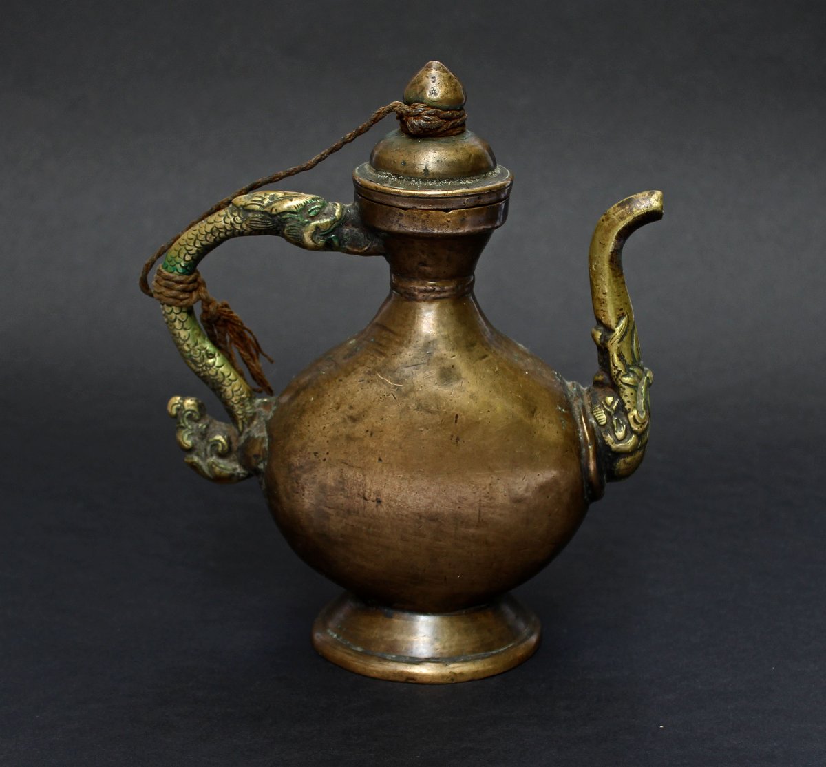 Antique Tibetan Bronze Teapot C19th Ritual Buddhist Use , Po Cha, Makara Spout, Dragon Handle-photo-1