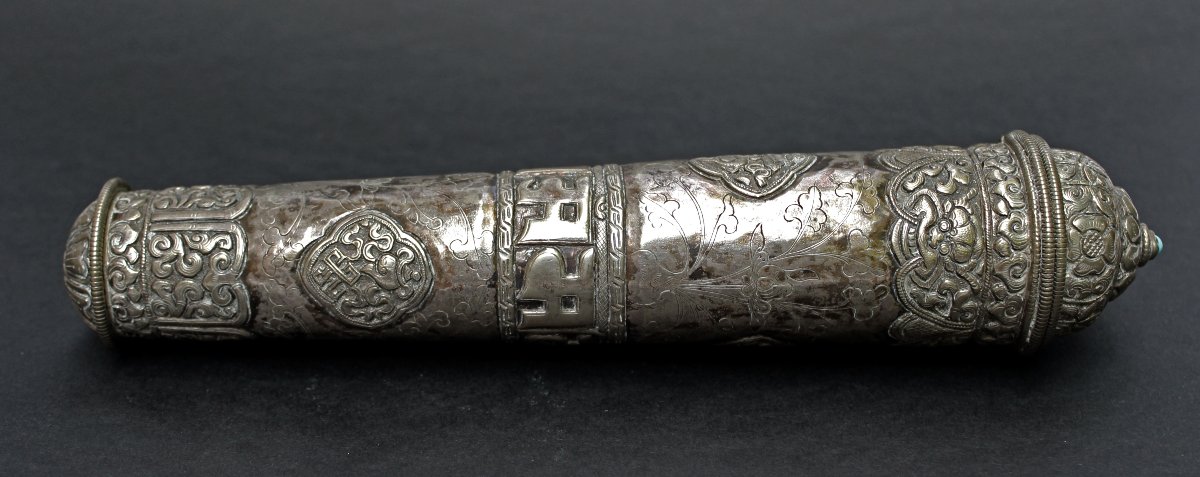 Étui de Prière Tibétain en Argent – XXe Siècle, Gau Bouddhiste, Mantra, Symboles Auspicieux-photo-2
