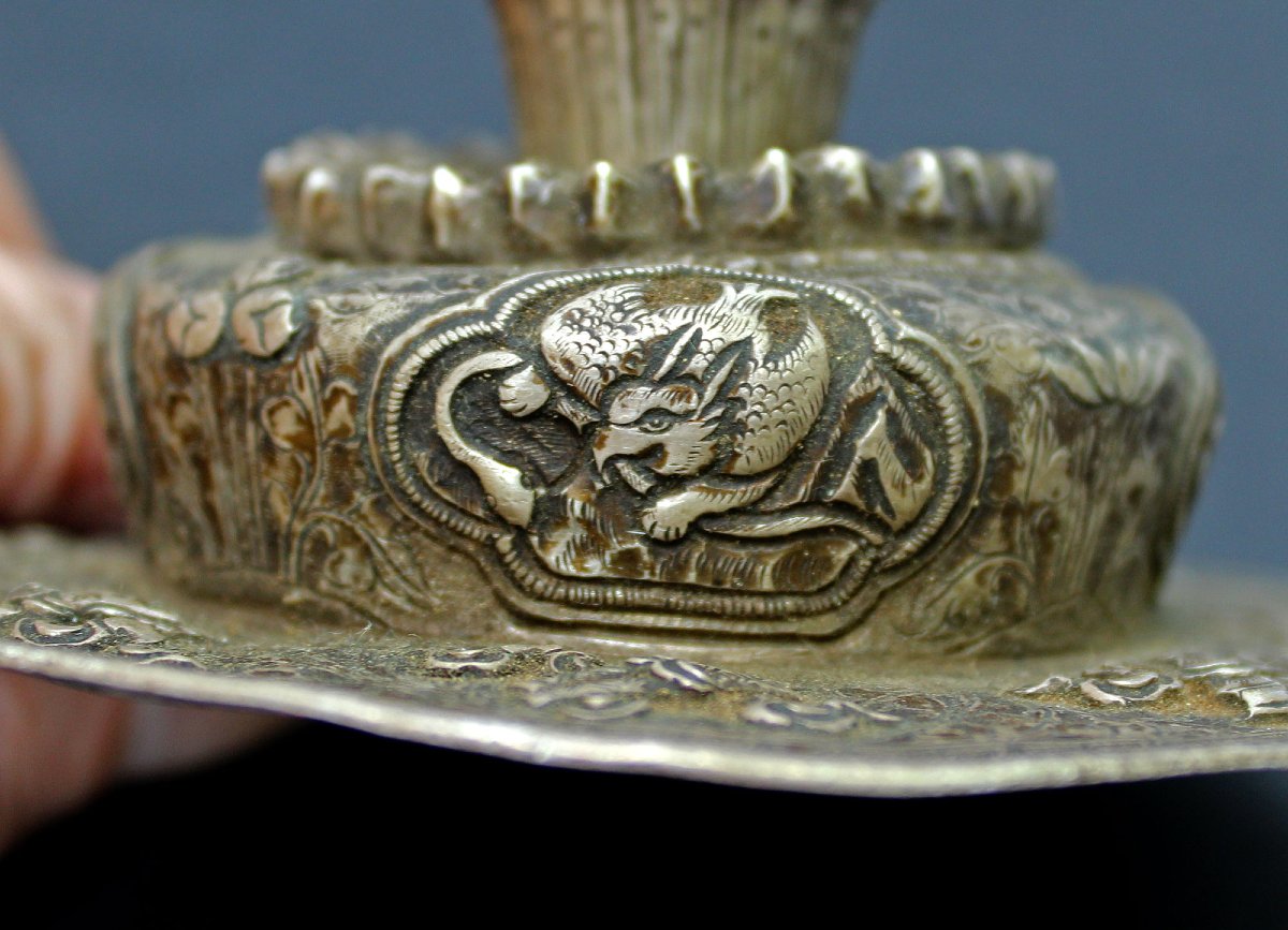 Antique Tibetan Solid Silver Cover For Ja Bo Tea Bowl-photo-4