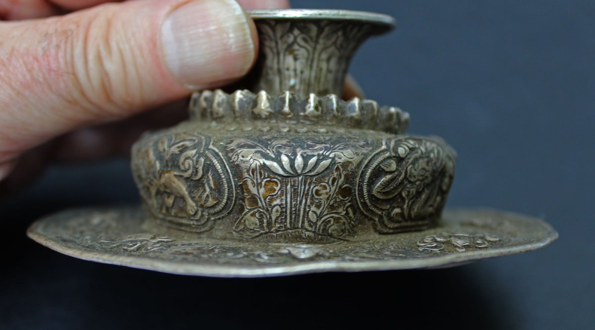 Antique Tibetan Solid Silver Cover For Ja Bo Tea Bowl-photo-2