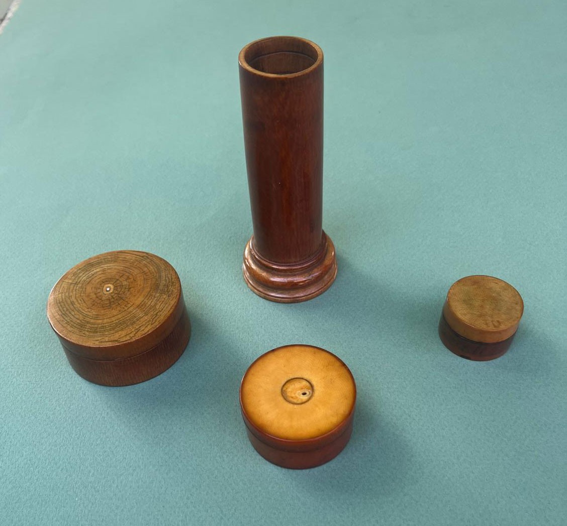 Antique Vietnamese Vase Intended To Hold An Ink Stick And Three Seal Paste Boxes