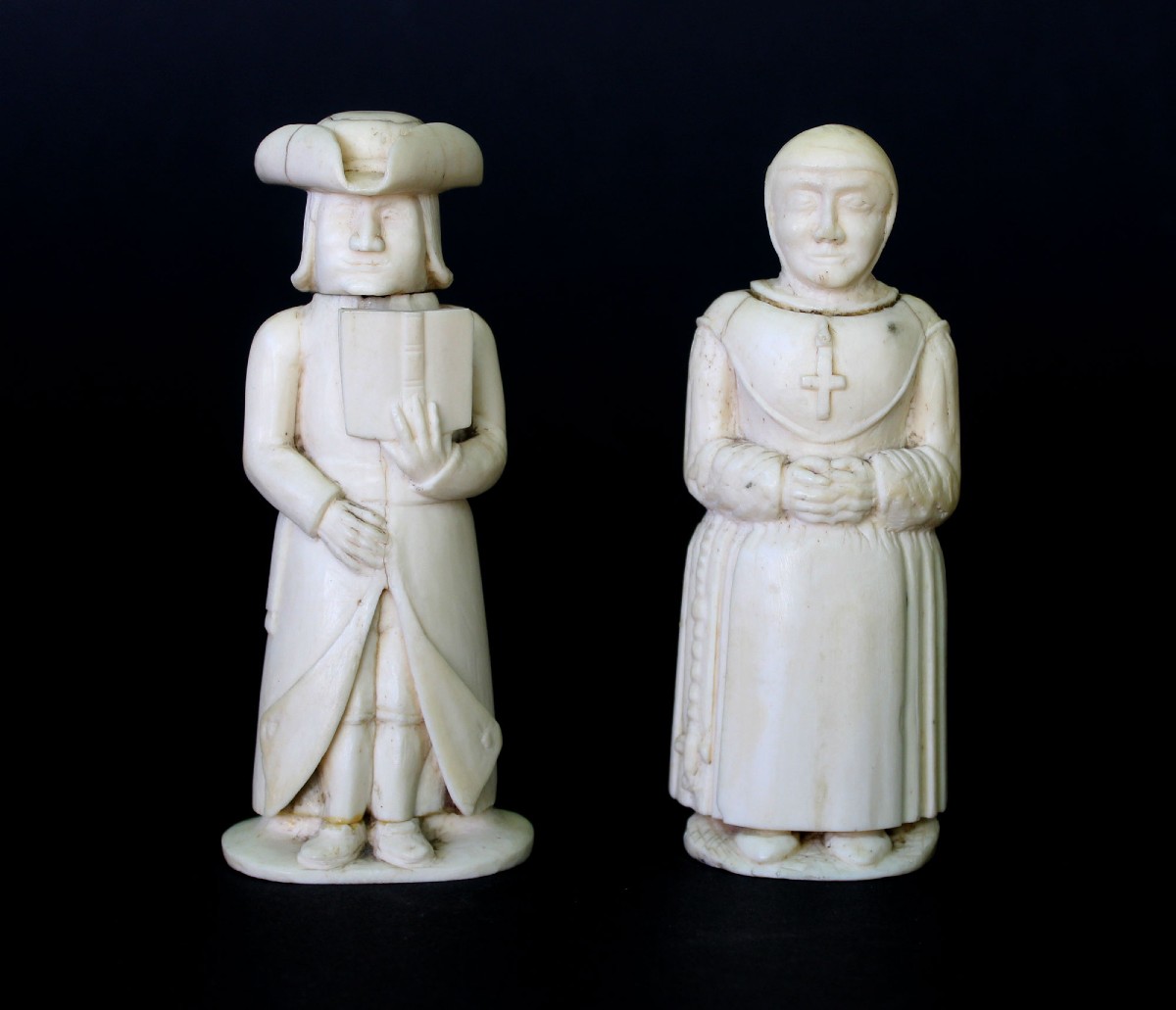 Pair Of 18th–19th Century Spanish Or Portuguese Colonial Bone Carvings – Cleric And Nun