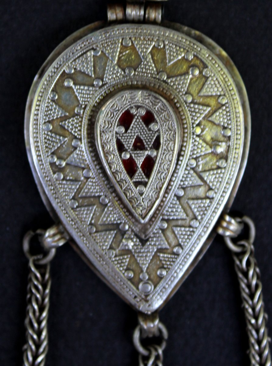 Antique Turkmen Tenetschir Pendants – Silver& Carnelian, Tekke Tribe Earrings -photo-2