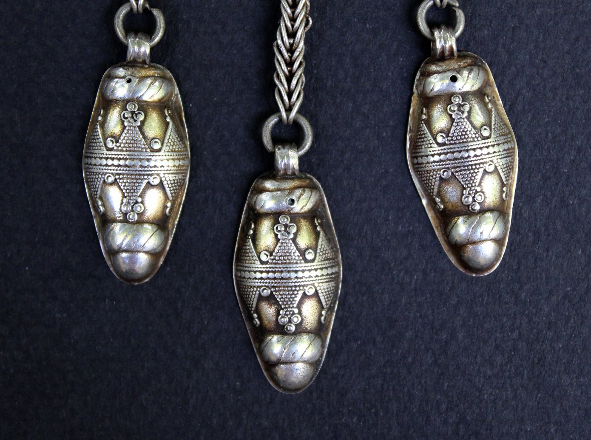 Antique Turkmen Tenetschir Pendants – Silver& Carnelian, Tekke Tribe Earrings -photo-4
