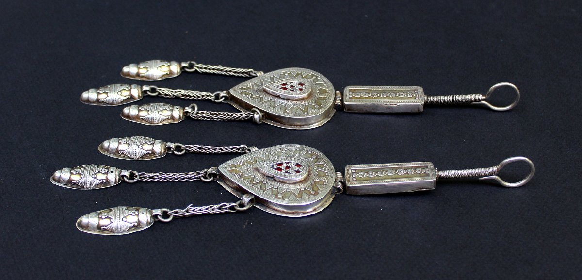 Antique Turkmen Tenetschir Pendants – Silver& Carnelian, Tekke Tribe Earrings -photo-2