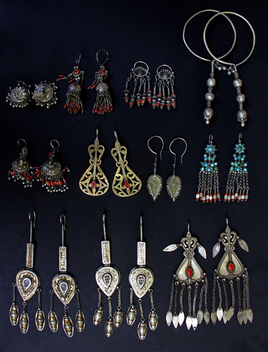 Antique Turkmen Tenetschir Pendants – Silver& Carnelian, Tekke Tribe Earrings -photo-4