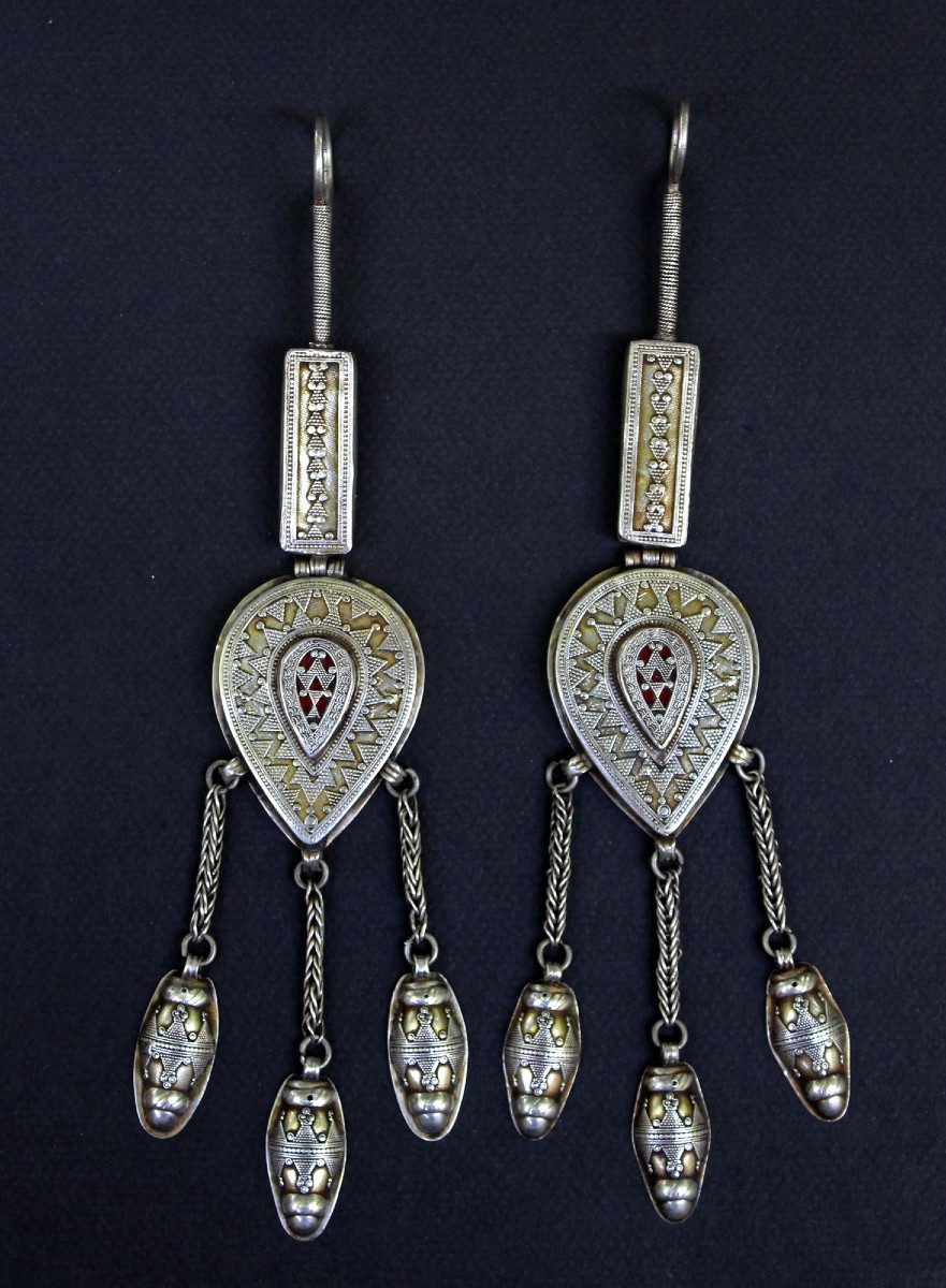 Antique Turkmen Tenetschir Pendants – Silver& Carnelian, Tekke Tribe Earrings 