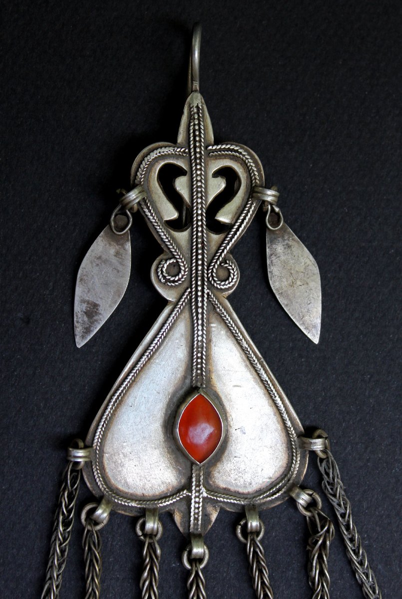 Pair Of Tekke Turkmen Tribal Silver Earrings With Carnelian And Pendant Chains-photo-2