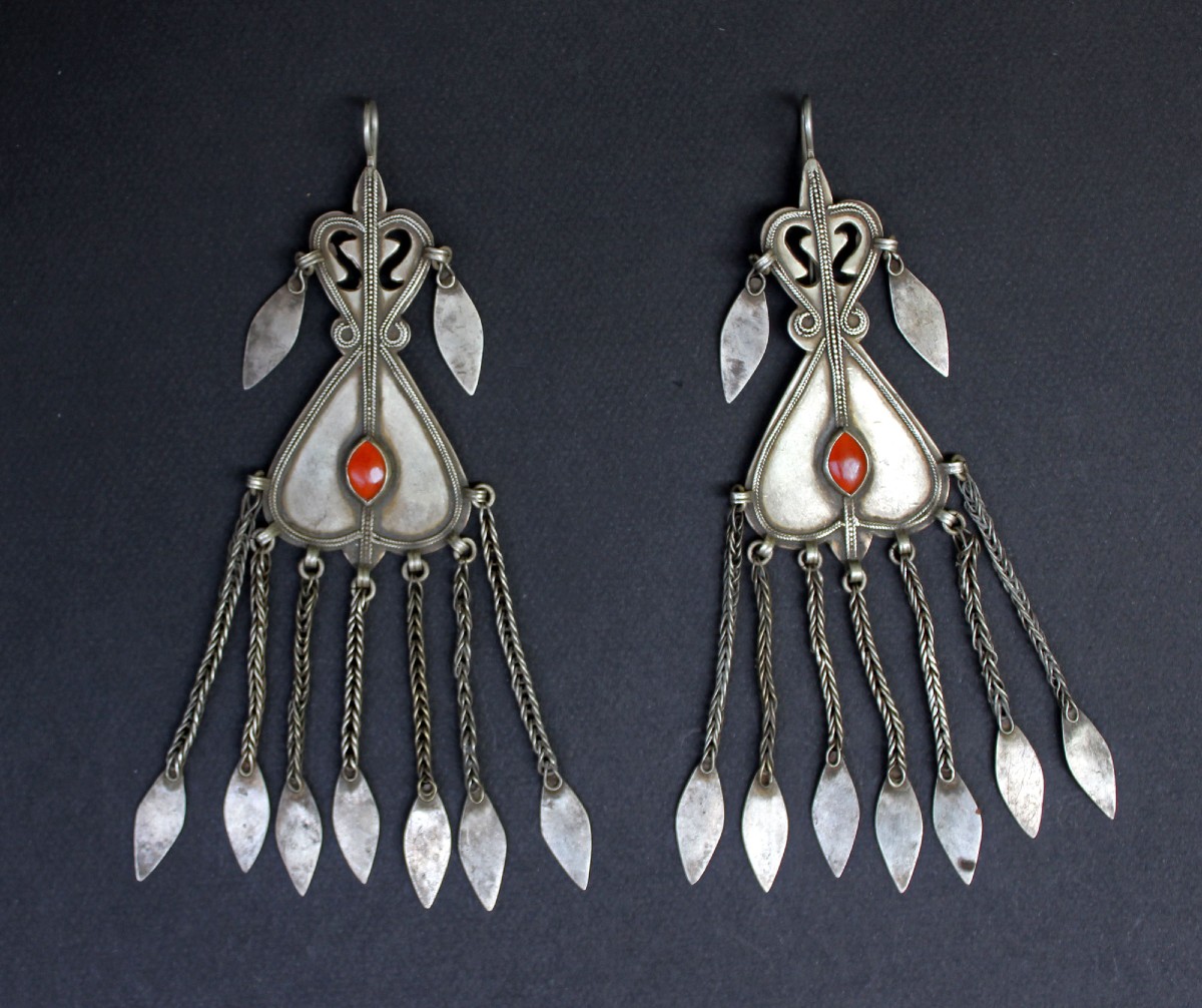 Pair Of Tekke Turkmen Tribal Silver Earrings With Carnelian And Pendant Chains