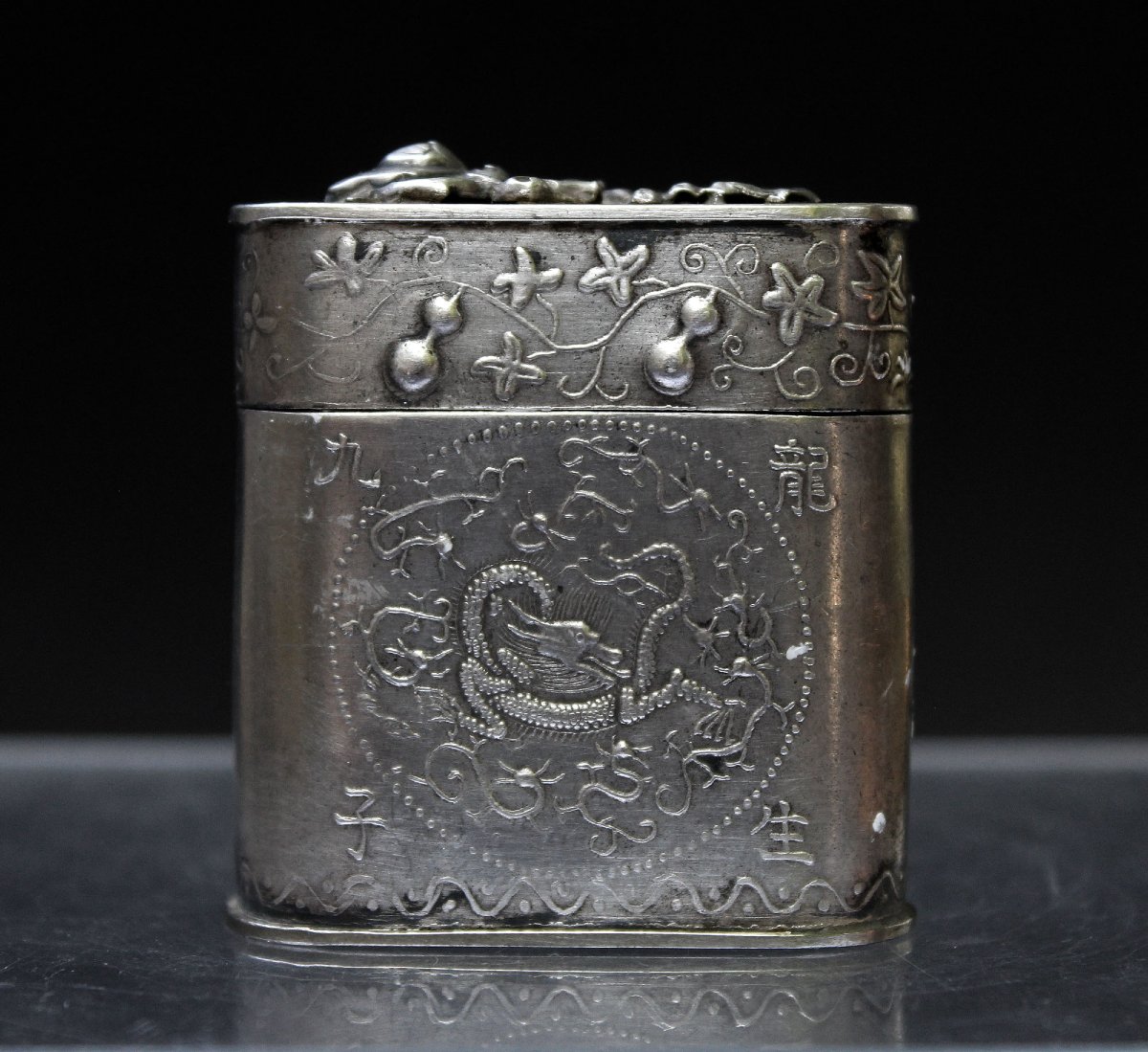 Antique Chinese Silver Opium Box – Imperial Dragon, Fu Character, Scholar’s Motifs-photo-3