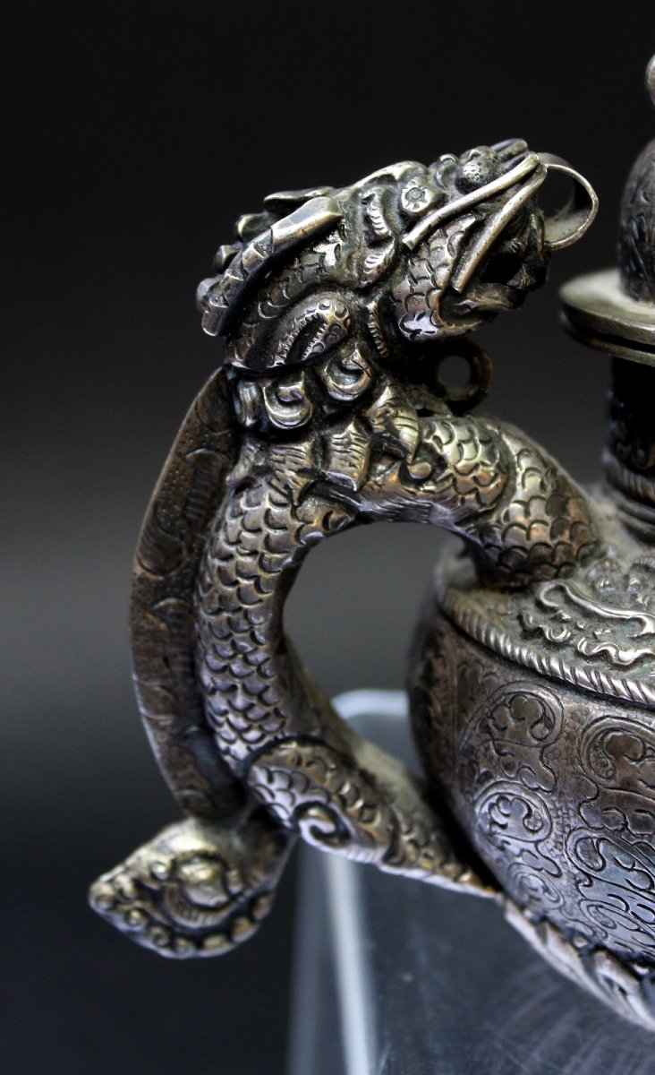 Antique Tibetan Solid Silver Teapot – Dragon – Buddhist Symbols-photo-1