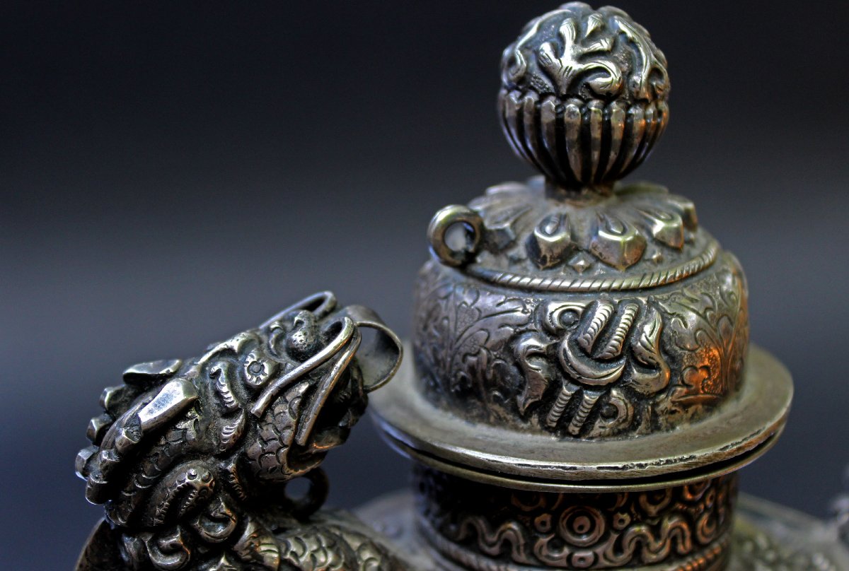Antique Tibetan Solid Silver Teapot – Dragon – Buddhist Symbols-photo-3