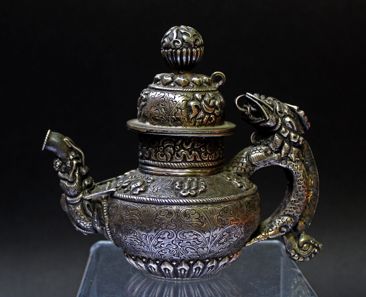 Antique Tibetan Solid Silver Teapot – Dragon – Buddhist Symbols