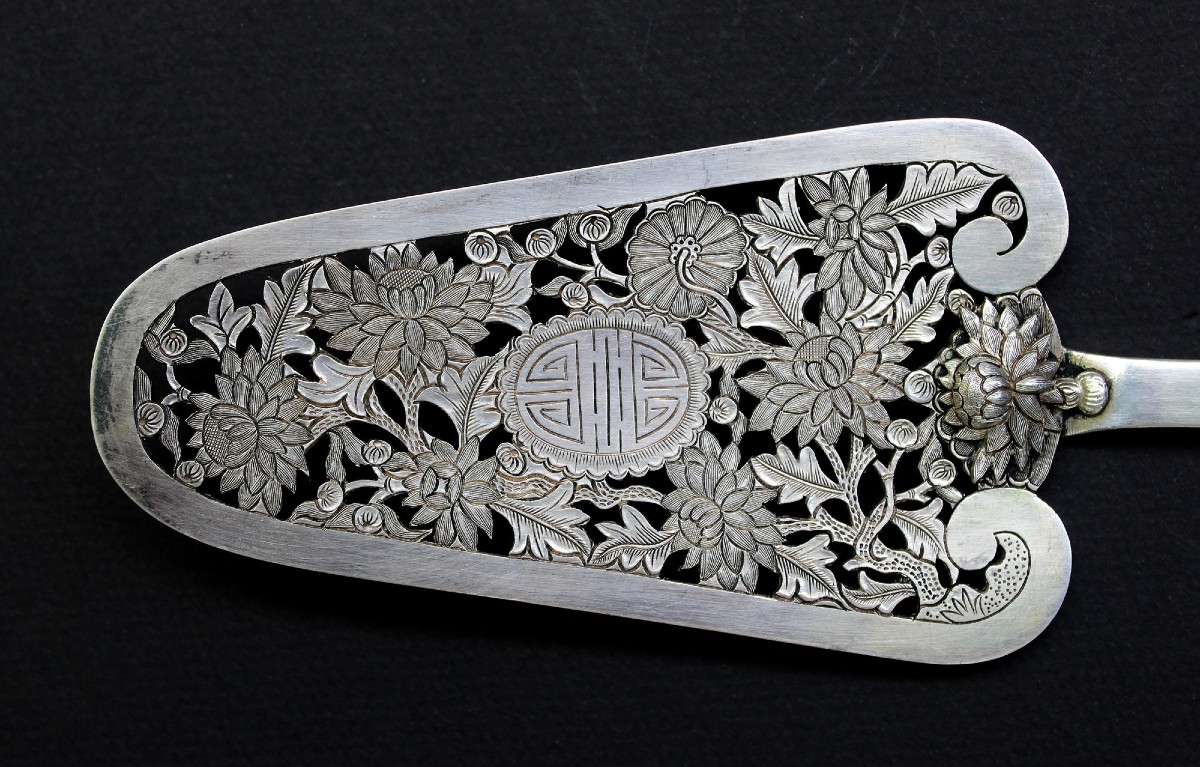 Pelle à Gâteau / Pâtisserie en Argent Massif Vietnamien Ancien – Longévité-photo-4