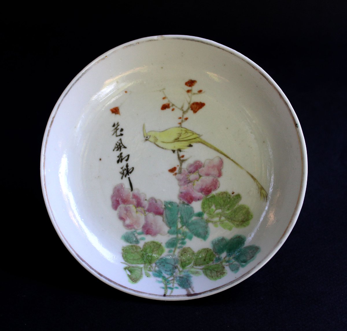 3  plats anciens  porcelaine République chinoise, poési,  Fleurs et Oiseaux. Marques sceau  -photo-4
