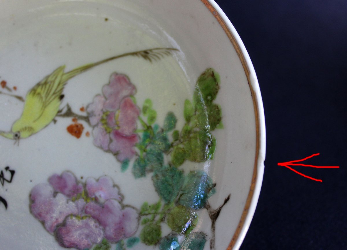 3  plats anciens  porcelaine République chinoise, poési,  Fleurs et Oiseaux. Marques sceau  -photo-2