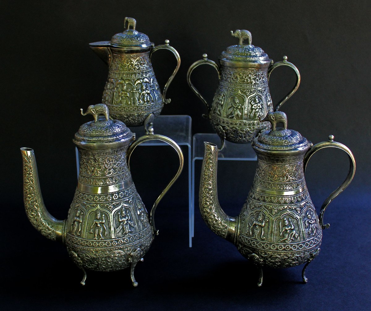 Solid Silver Tea And Coffee Set Kutch India 19th Century Hindu Deities & Elephants-photo-2