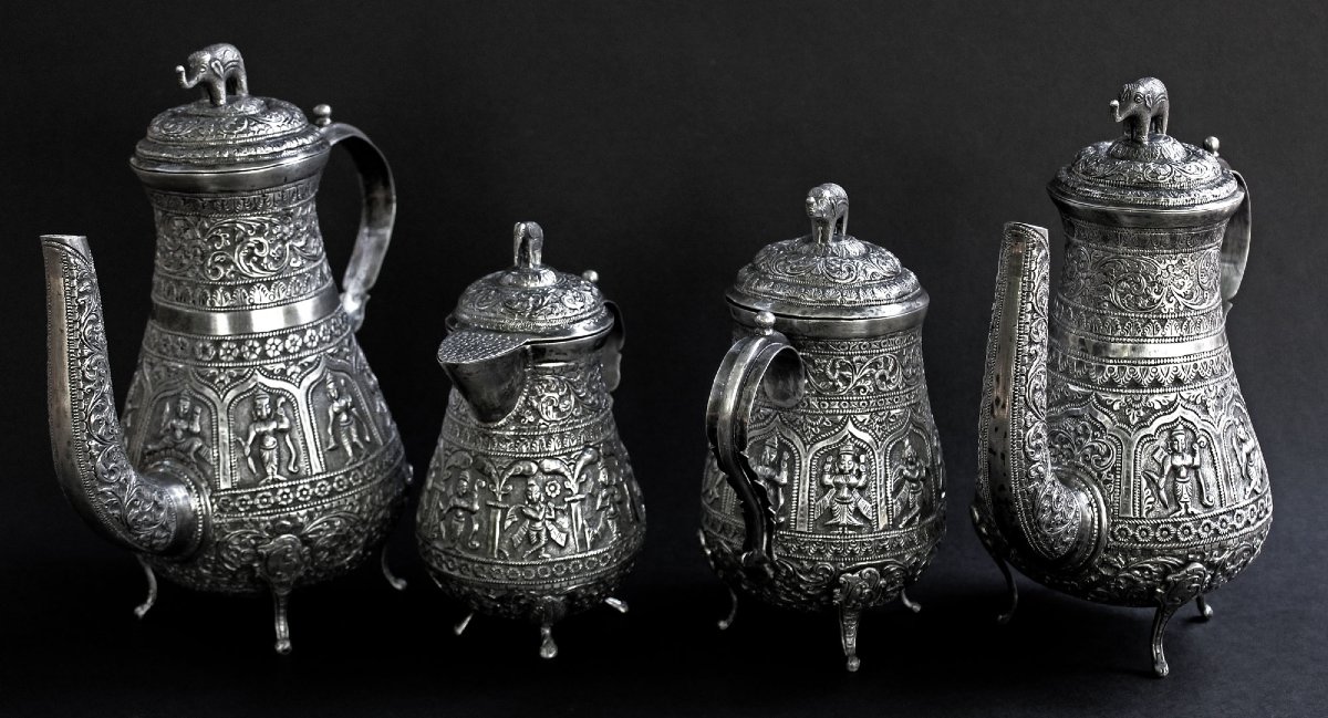Solid Silver Tea And Coffee Set Kutch India 19th Century Hindu Deities & Elephants-photo-3