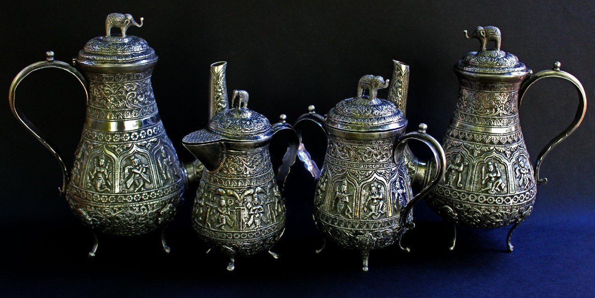 Solid Silver Tea And Coffee Set Kutch India 19th Century Hindu Deities & Elephants-photo-4