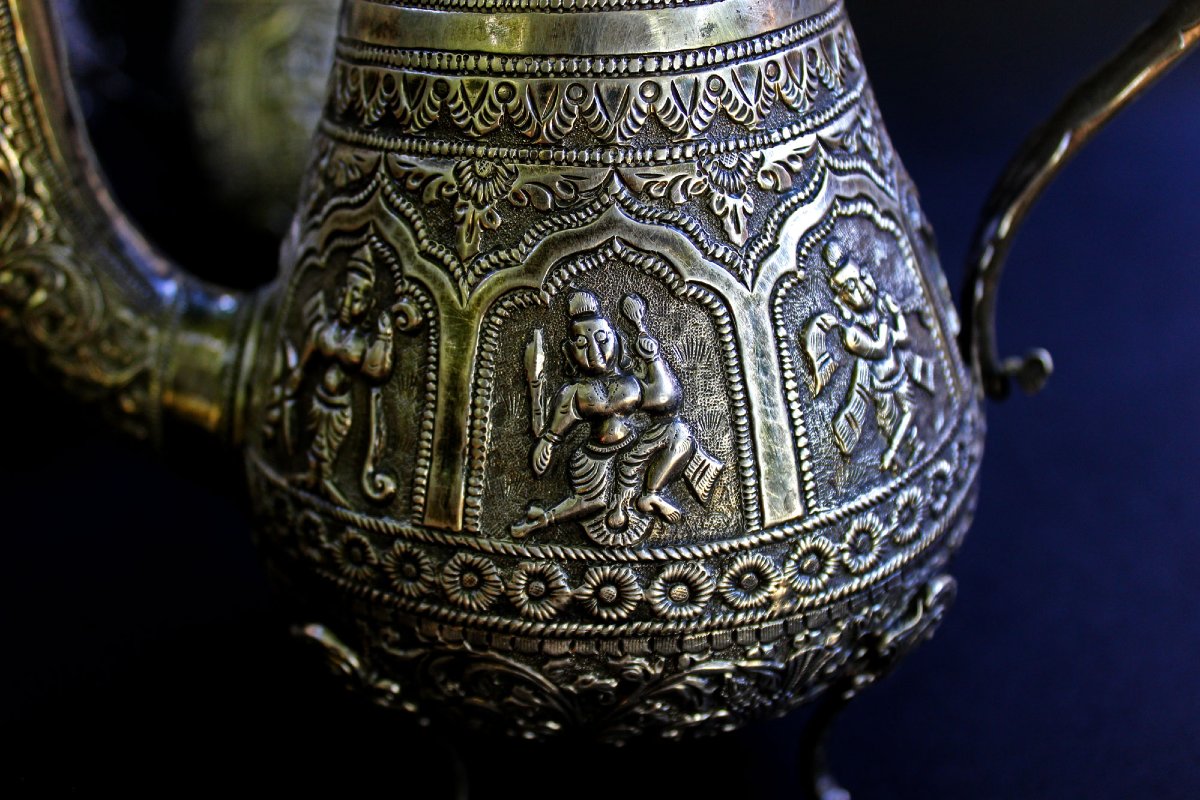 Solid Silver Tea And Coffee Set Kutch India 19th Century Hindu Deities & Elephants-photo-3
