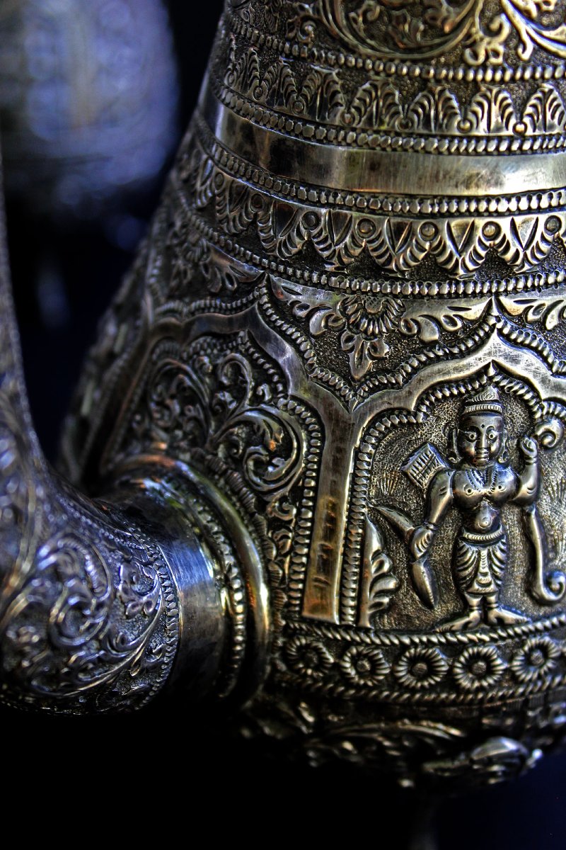 Solid Silver Tea And Coffee Set Kutch India 19th Century Hindu Deities & Elephants-photo-6