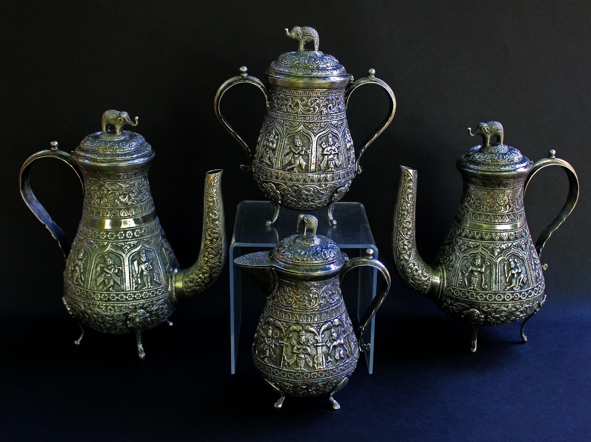 Solid Silver Tea And Coffee Set Kutch India 19th Century Hindu Deities & Elephants