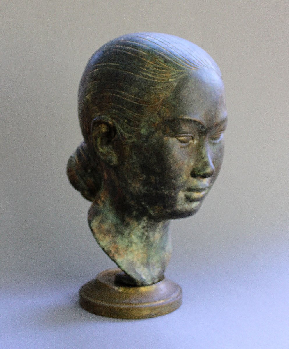 Nguyễn Thanh Lê (1919–2006) – Bronze Bust Of A Young Woman – Rare Patina – Vietnam Indochina-photo-2