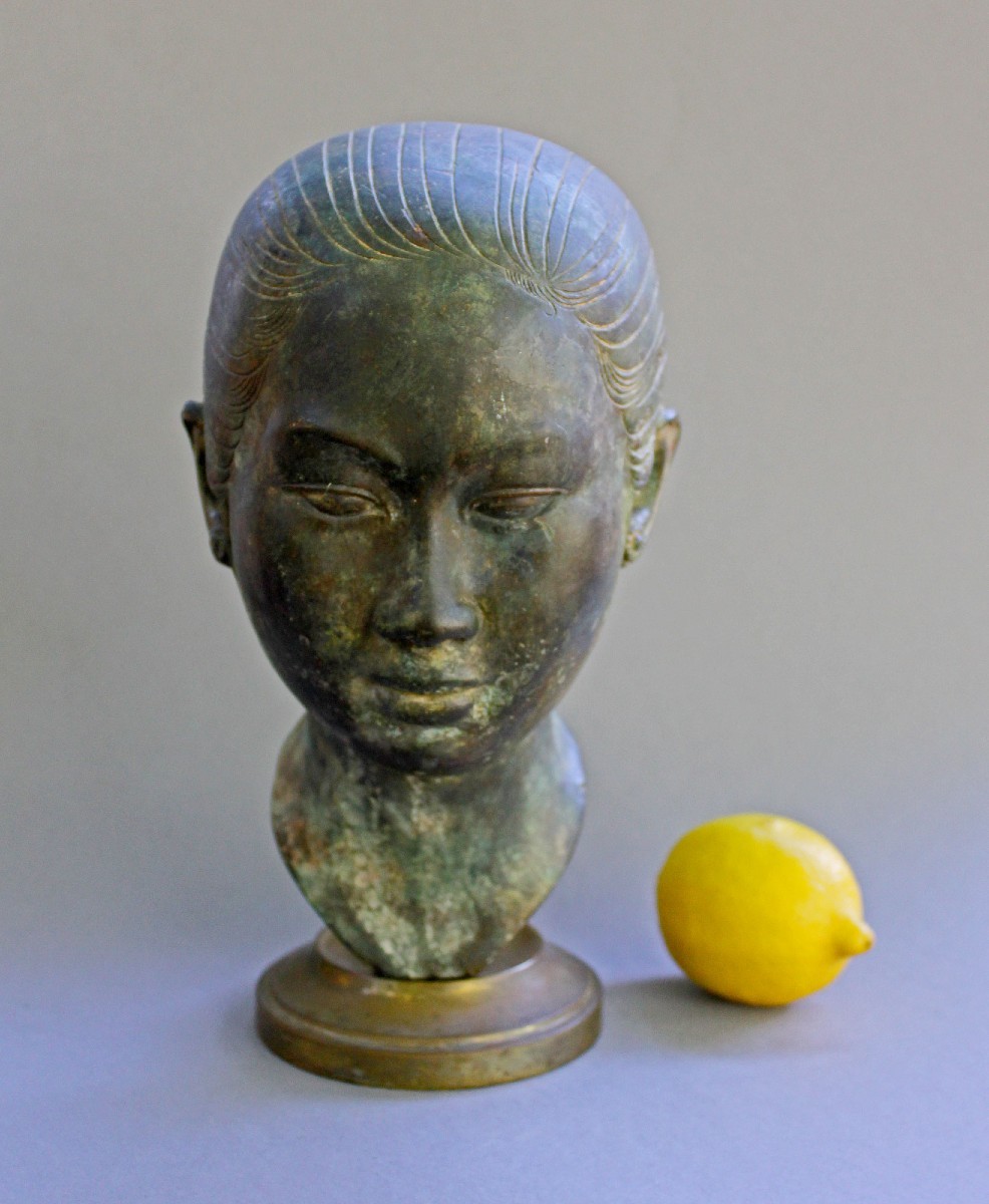 Nguyễn Thanh Lê (1919–2006) – Bronze Bust Of A Young Woman – Rare Patina – Vietnam Indochina-photo-3
