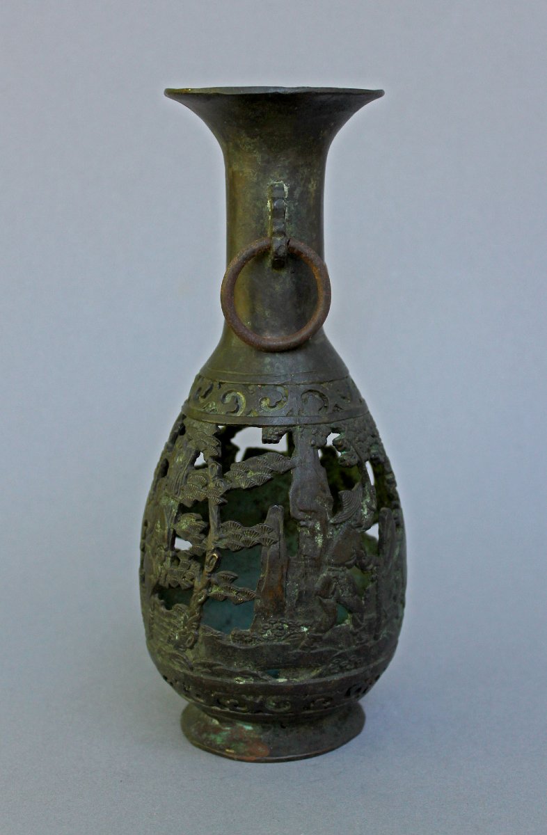 Antique Chinese Reticulated Bronze Vase With Scholars And Landscape Scenes ,qing Dynasty-photo-2