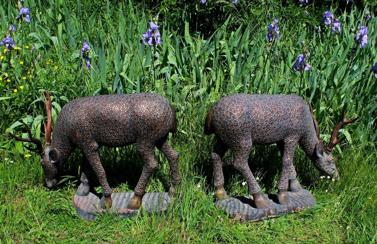 A Large Pair Of Antique Carved Wooden Deer From Thailand. Interior Design-photo-2