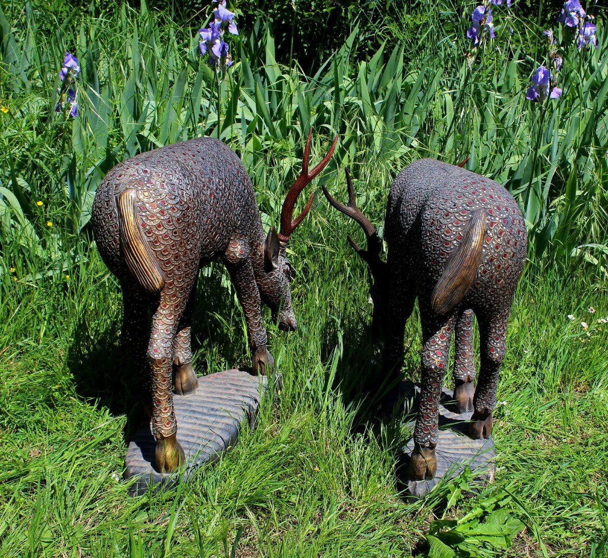 A Large Pair Of Antique Carved Wooden Deer From Thailand. Interior Design-photo-4