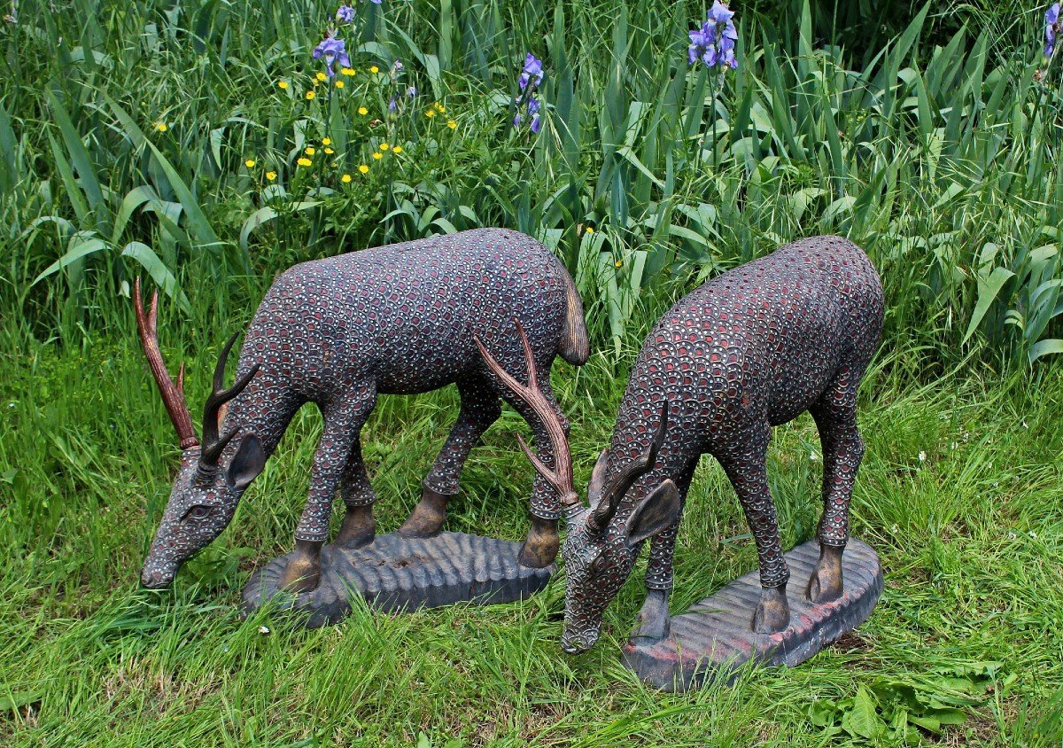A Large Pair Of Antique Carved Wooden Deer From Thailand. Interior Design-photo-7
