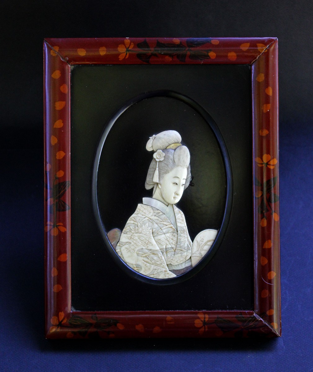 Japanese Ivory & Mop Geisha Portrait On Lacquer, C.1900