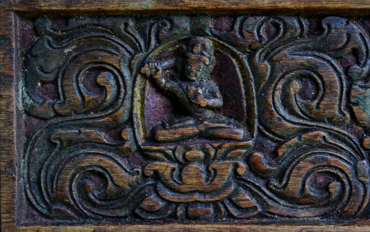 Antique Carved Wooden Buddhist Sutra Manuscript Cover – Tibetan Monastery-photo-2